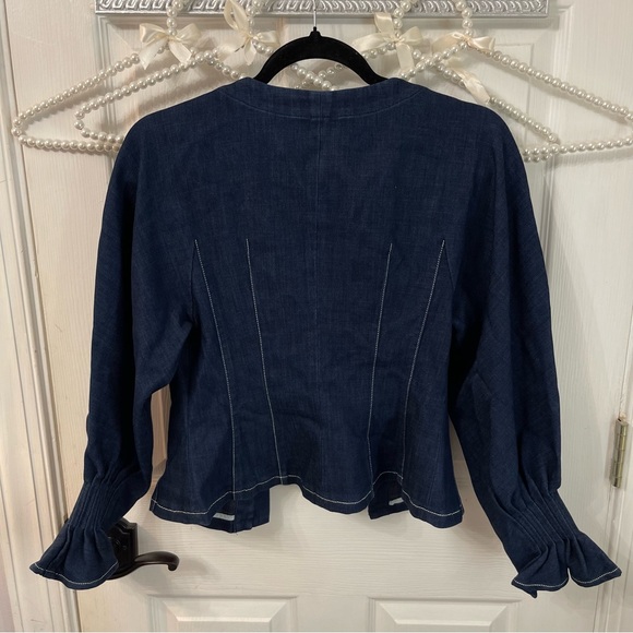 Navy Dark Jean Like Pearl Button-Up Blouse - Picture 7 of 8